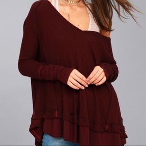 Free People Burgundy Waffle Knit Blouse